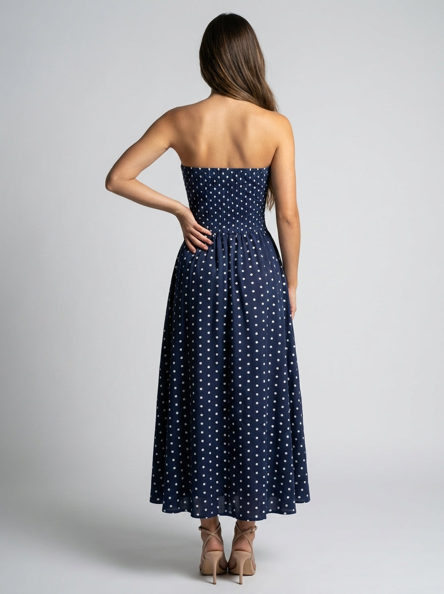 Women's Polka Dot Strapless A-Line Maxi Dress