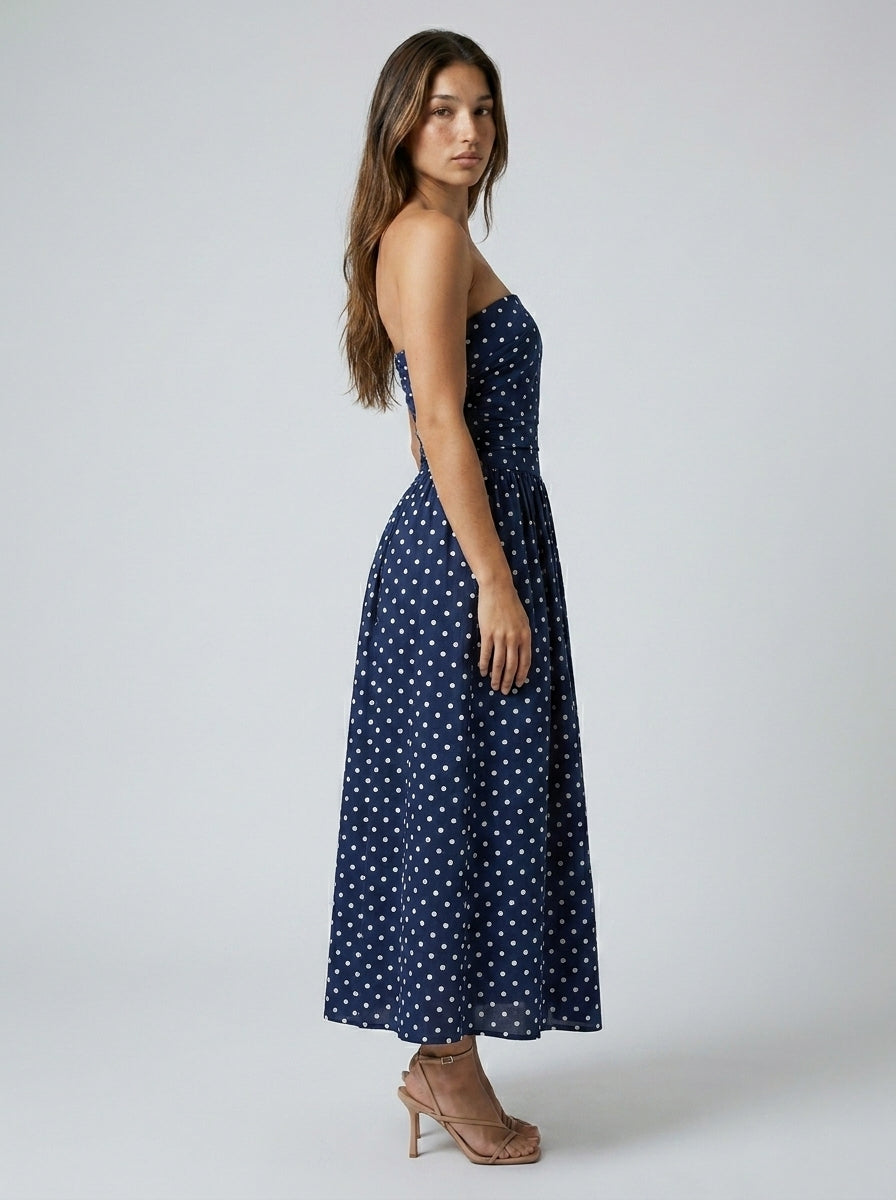 Women's Polka Dot Strapless A-Line Maxi Dress
