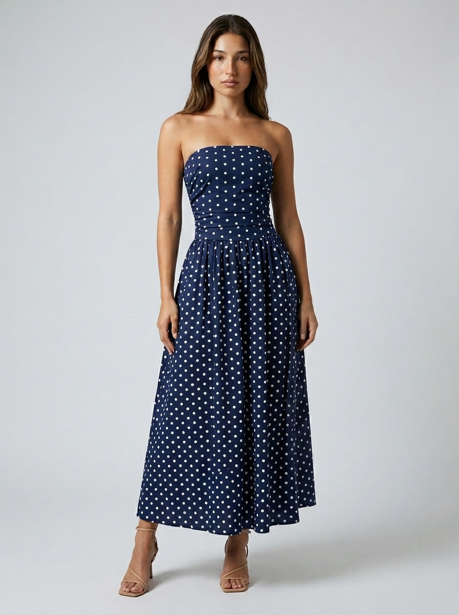 Women's Polka Dot Strapless A-Line Maxi Dress
