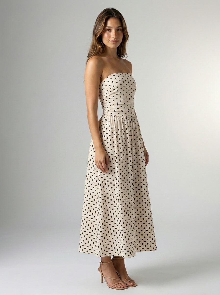 Women's Polka Dot Strapless A-Line Maxi Dress