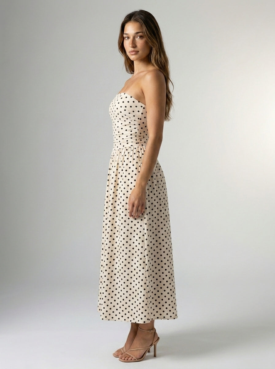 Women's Polka Dot Strapless A-Line Maxi Dress
