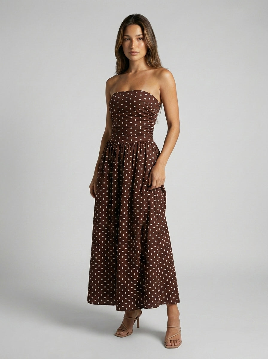 Women's Polka Dot Strapless A-Line Maxi Dress