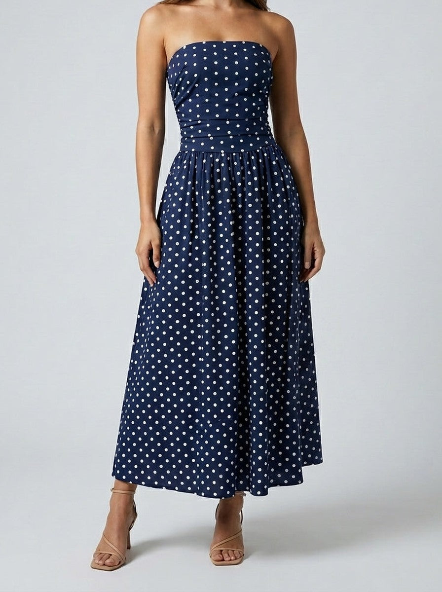 Women's Polka Dot Strapless A-Line Occasion Maxi Dress