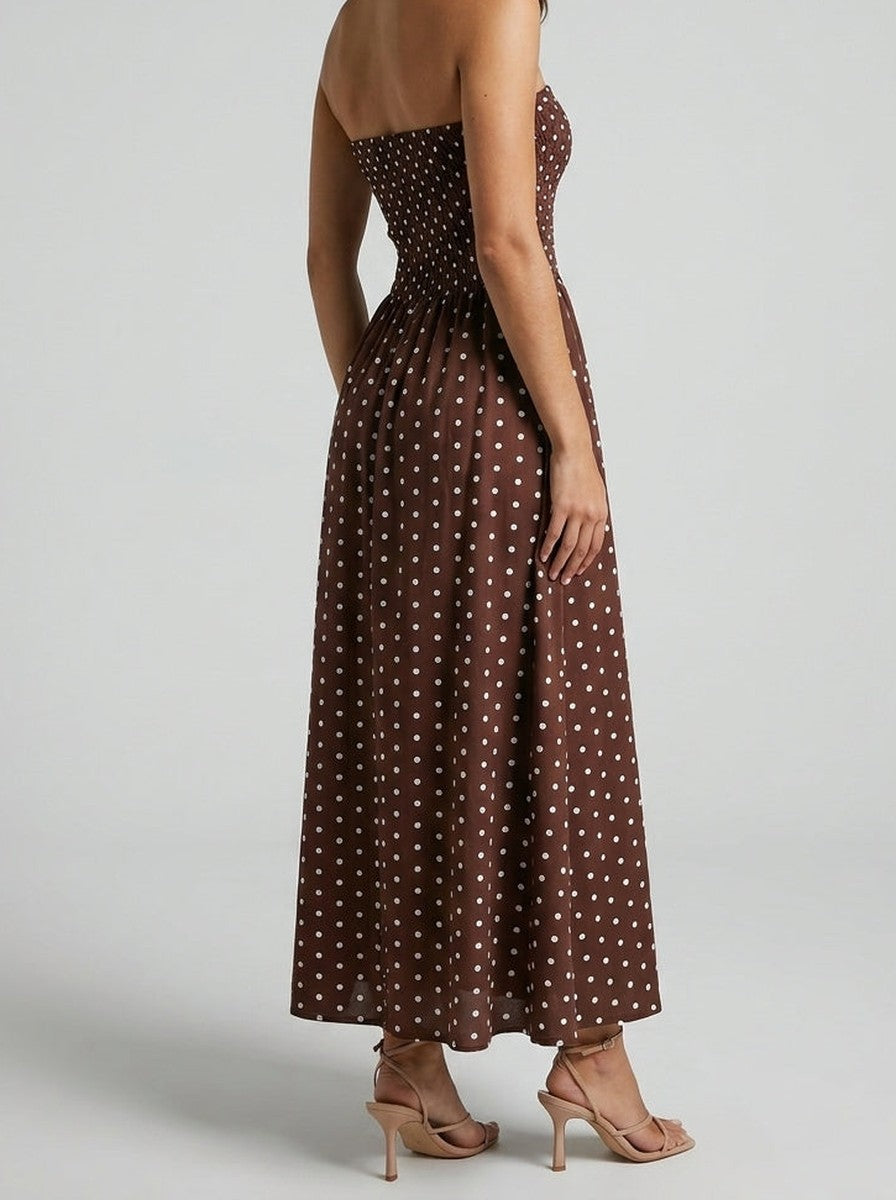 Women's Polka Dot Strapless A-Line Wedding Guest Maxi Dress