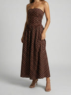 Women's Polka Dot Strapless A-Line Wedding Guest Maxi Dress
