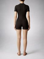 Women's Ribbed Short Sleeve Playsuit with Zip Front