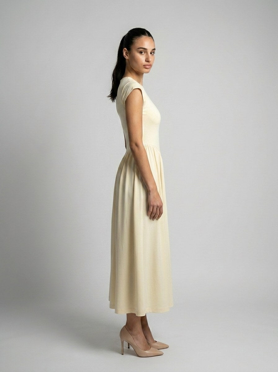 Women's Round Neck Cap Sleeve Maxi Dress