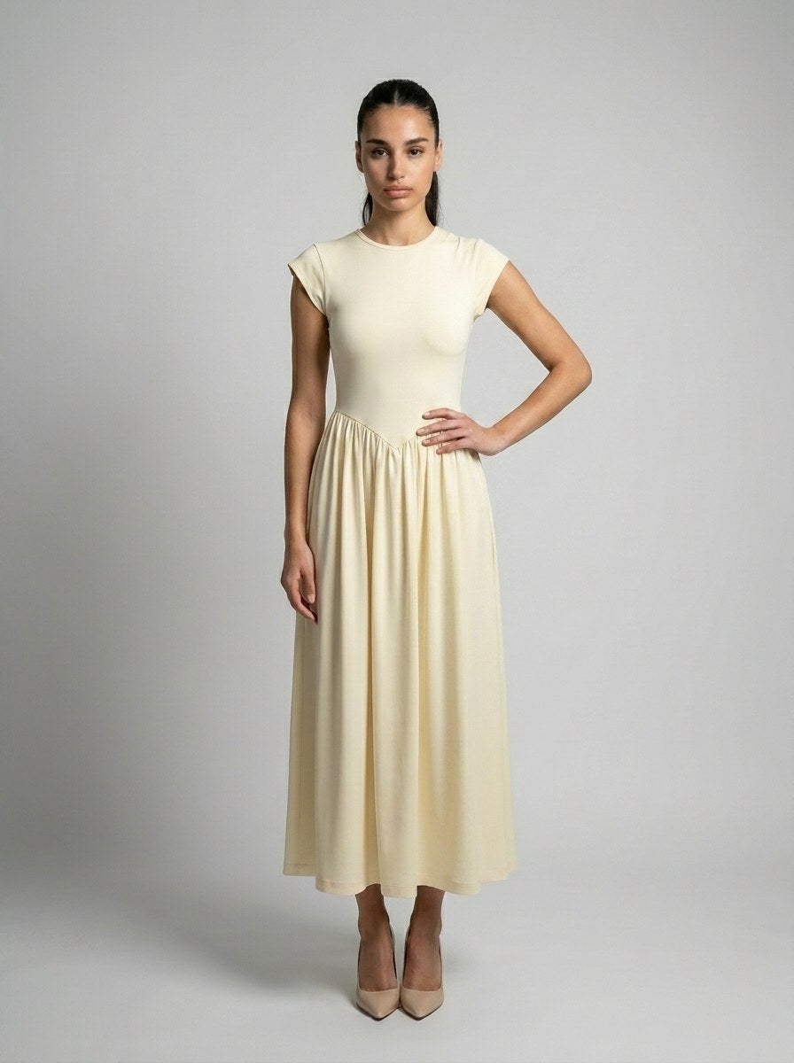 Women's Round Neck Cap Sleeve Maxi Dress