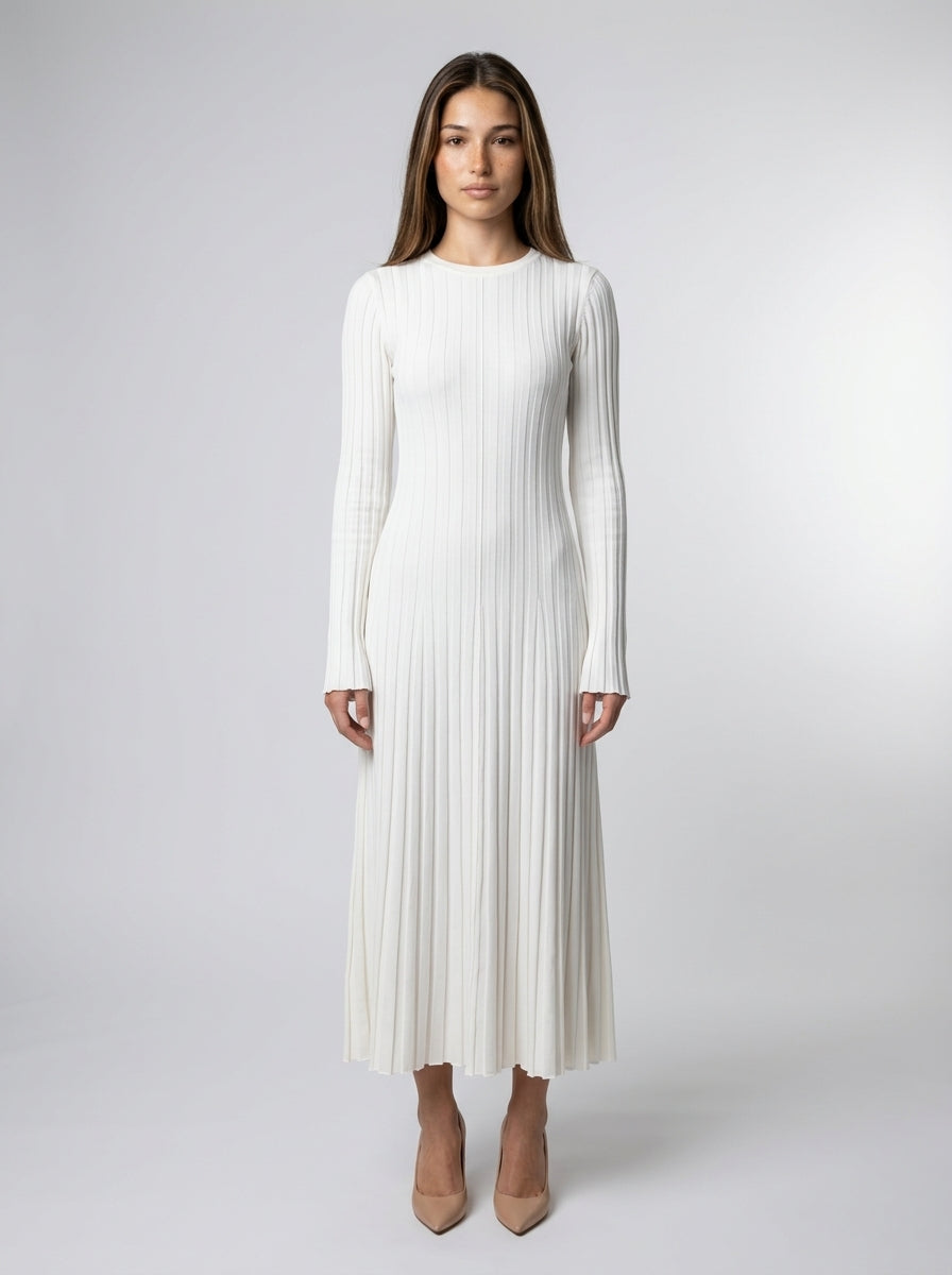 Women's Round Neck Long Sleeve Ribbed Maxi Dress