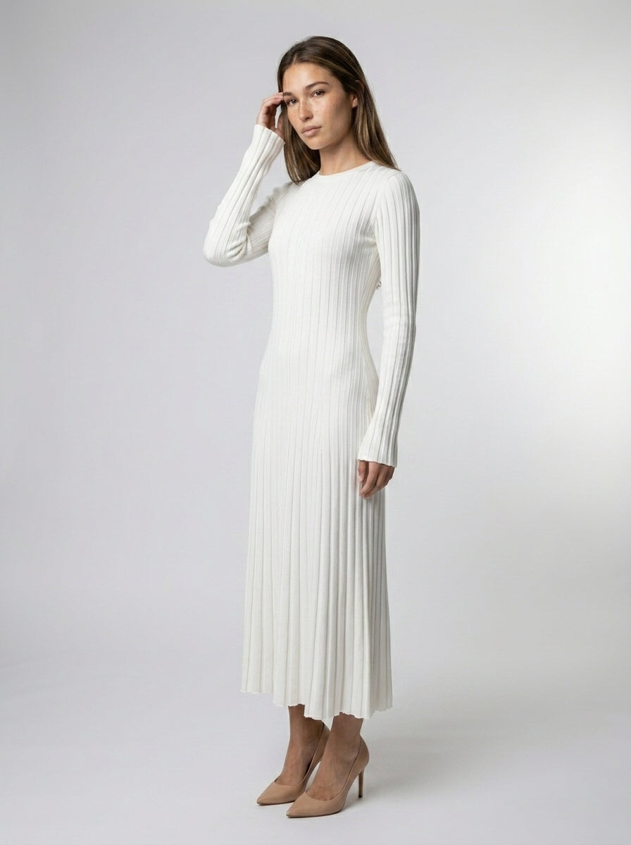 Women's Round Neck Long Sleeve Ribbed Maxi Dress