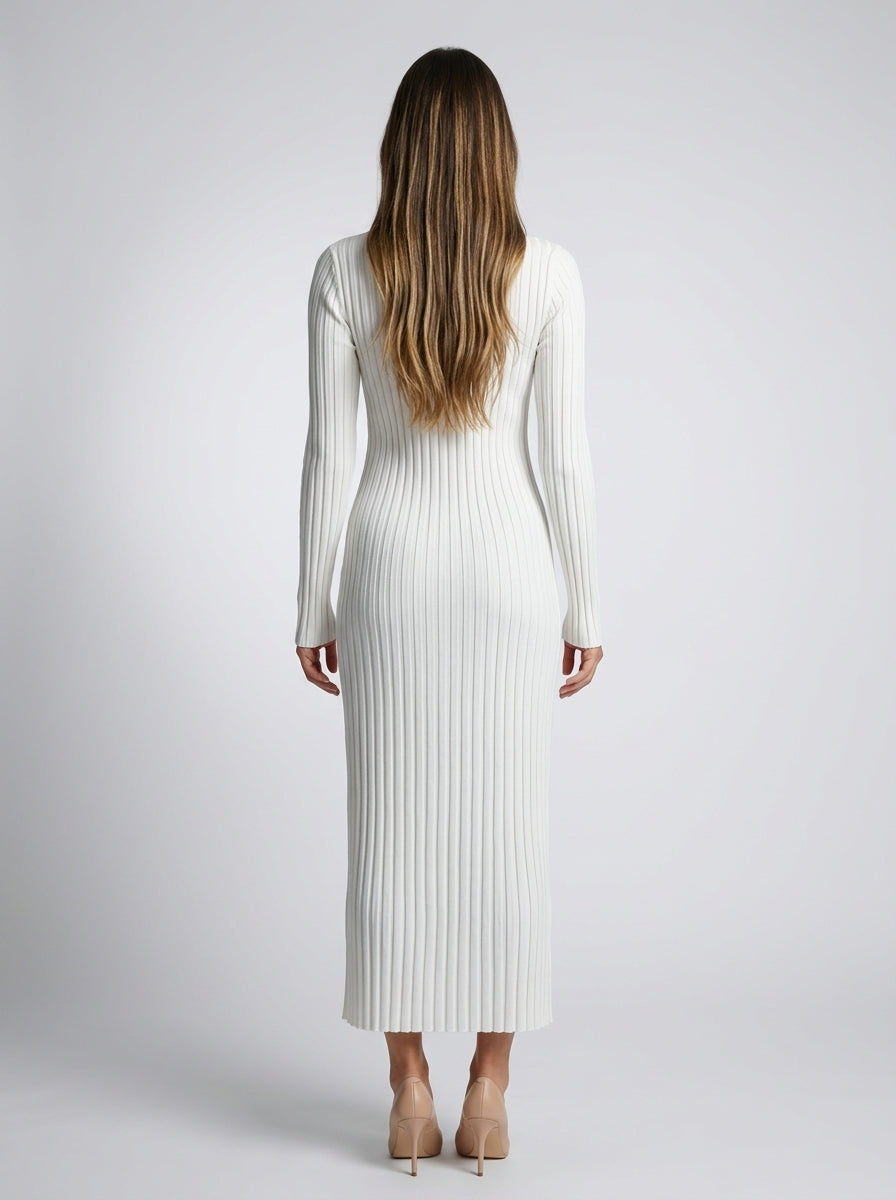 Women's Round Neck Long Sleeve Ribbed Maxi Dress