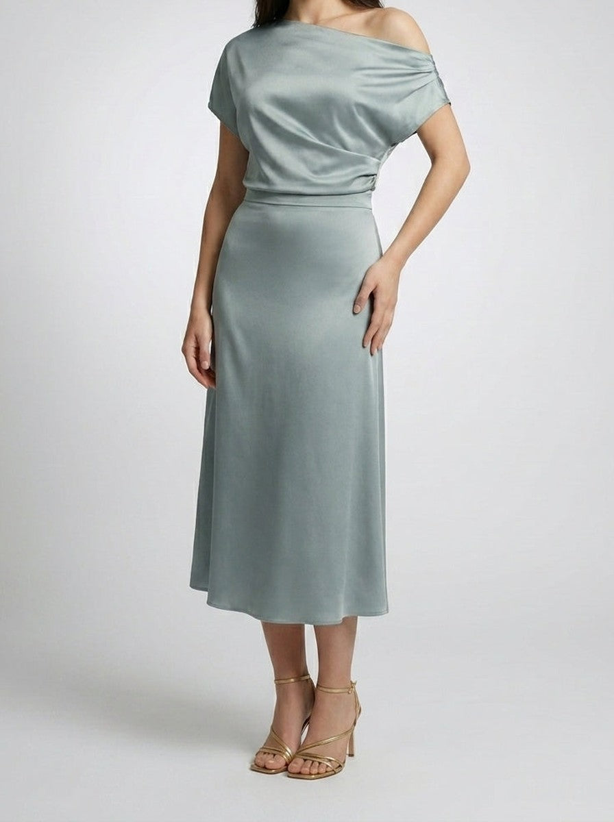 Women's Satin One-Shoulder Draped A-Line Occasion Midi Dress