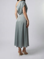 Women's Satin One-Shoulder Draped A-Line Occasion Midi Dress