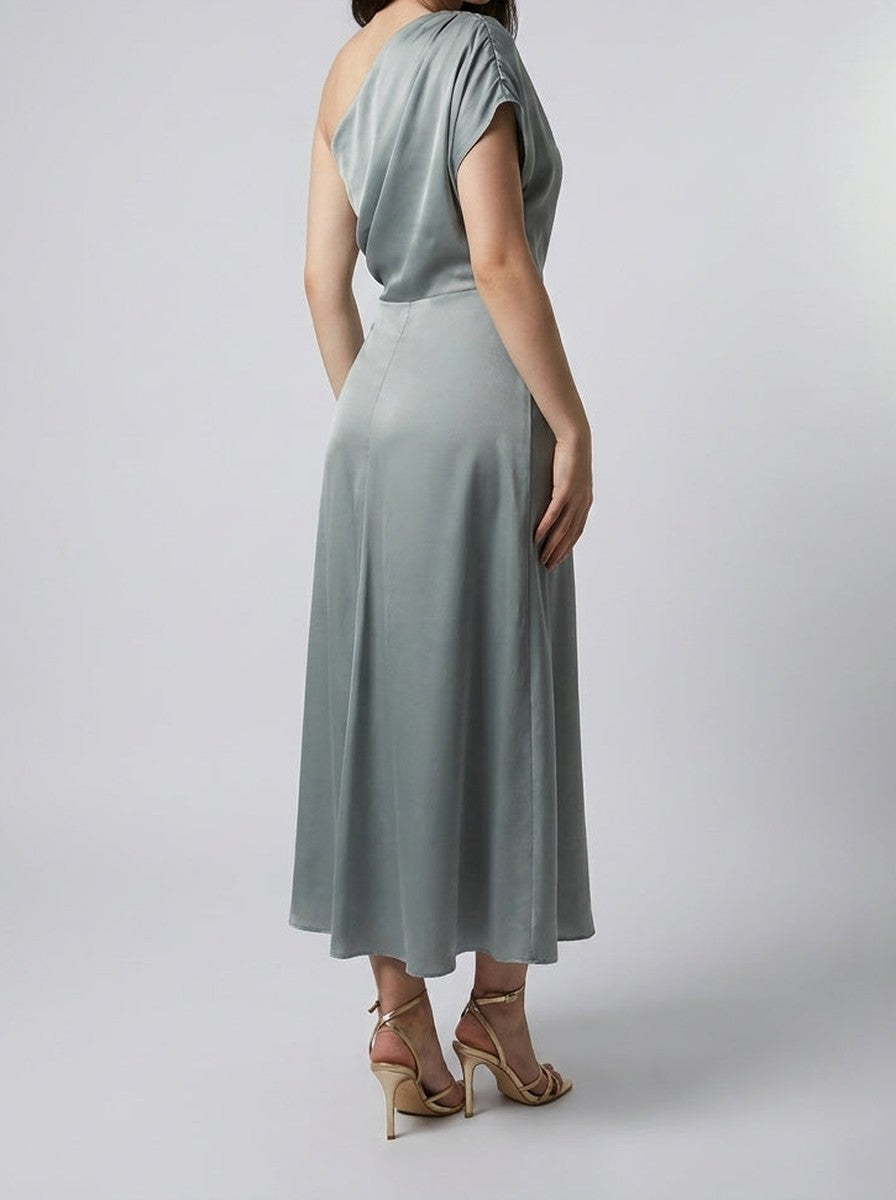 Women's Satin One-Shoulder Draped A-Line Occasion Midi Dress