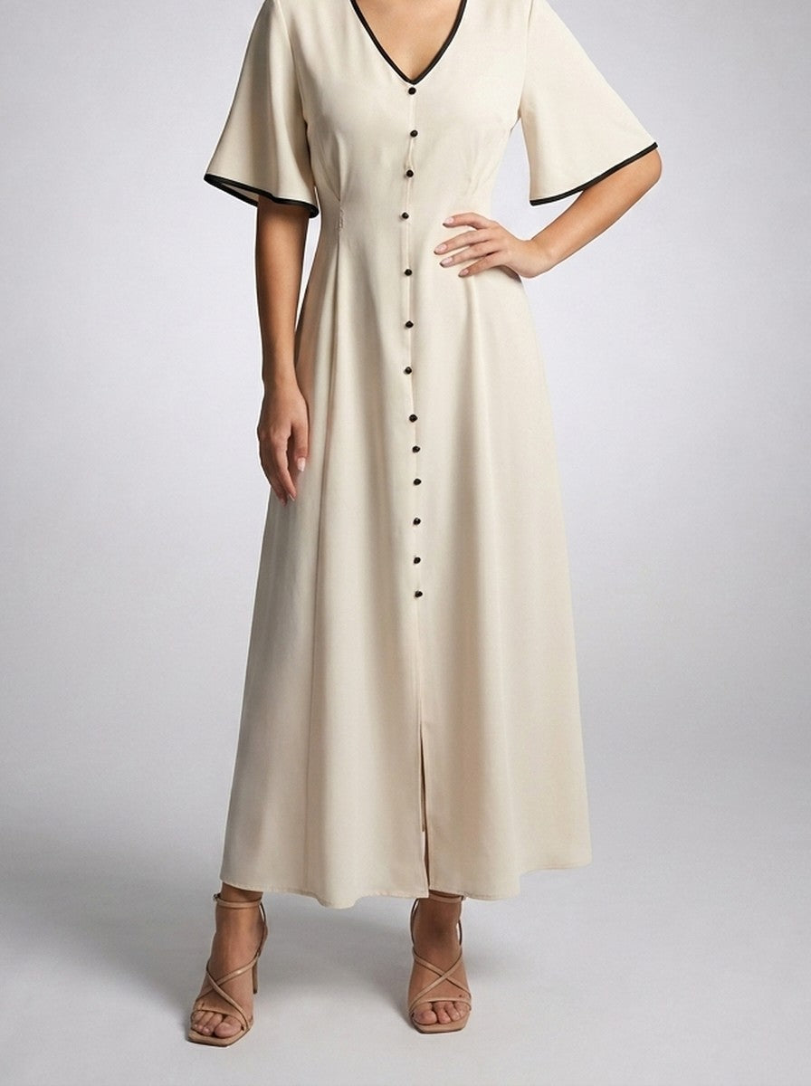 Women's Short Sleeve A-Line Wedding Guest Maxi Dress with Button Front