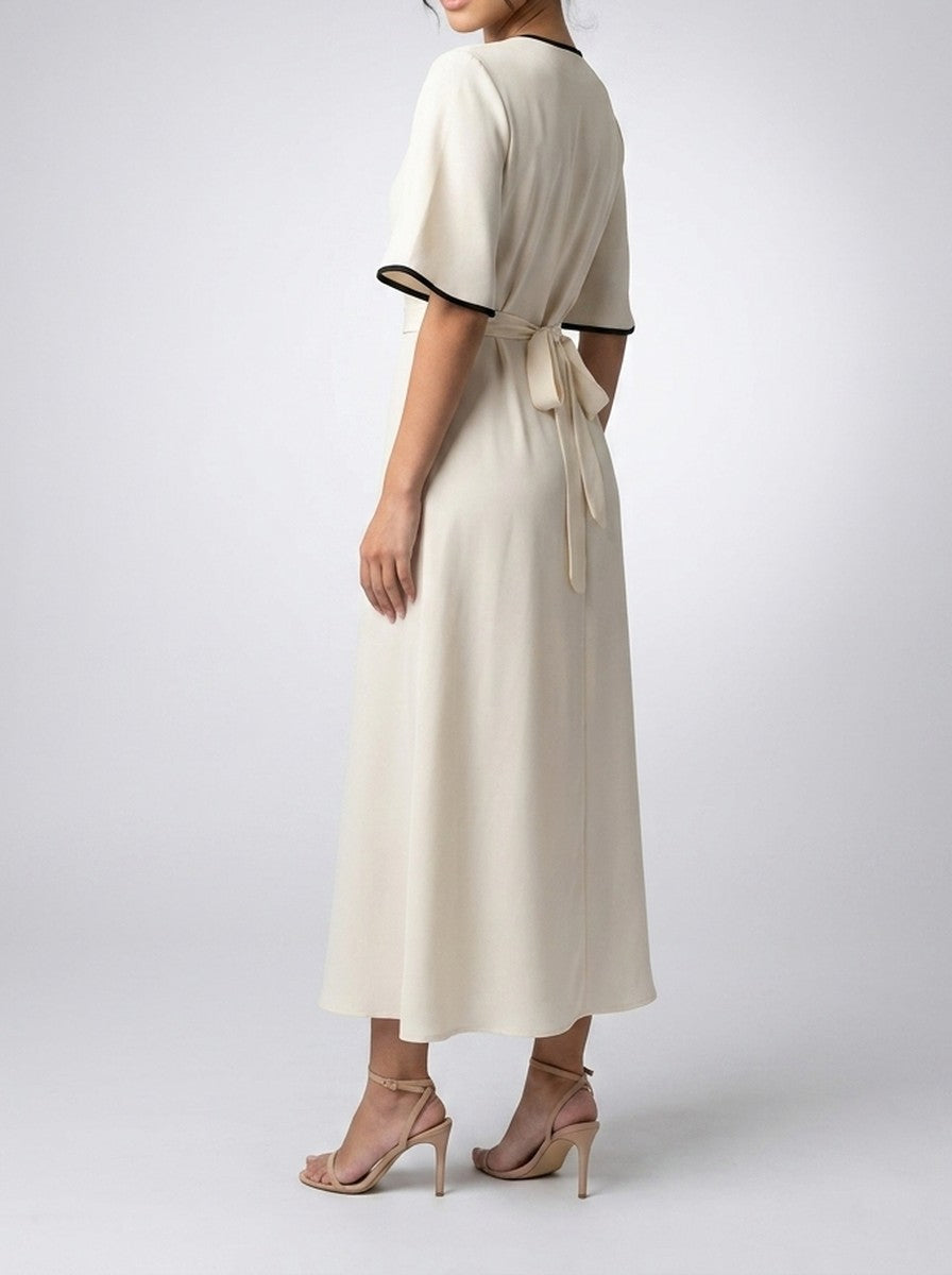 Women's Short Sleeve A-Line Wedding Guest Maxi Dress with Button Front
