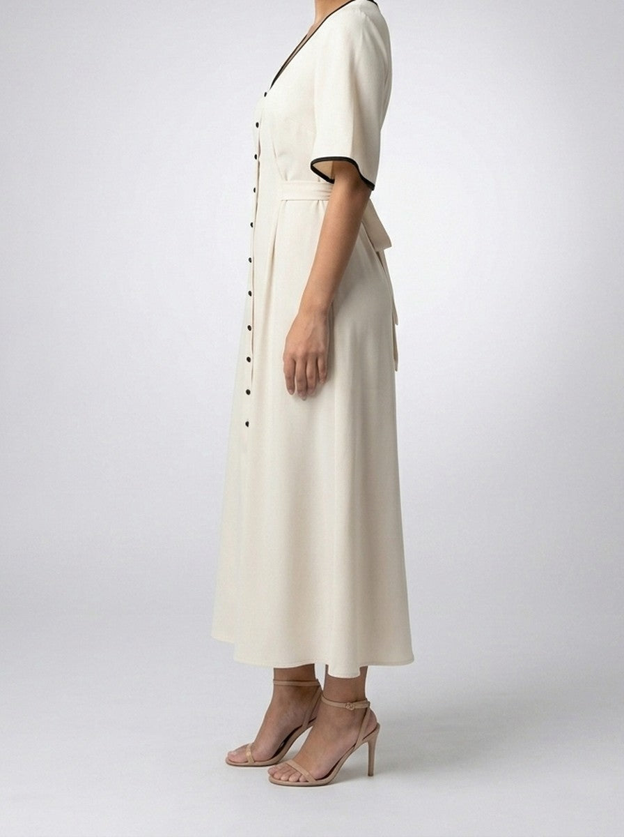 Women's Short Sleeve A-Line Wedding Guest Maxi Dress with Button Front