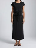 Women's Short Sleeve Midi Dress with Drawstring Waist and Round Neck