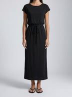 Women's Short Sleeve Midi Dress with Drawstring Waist and Round Neck