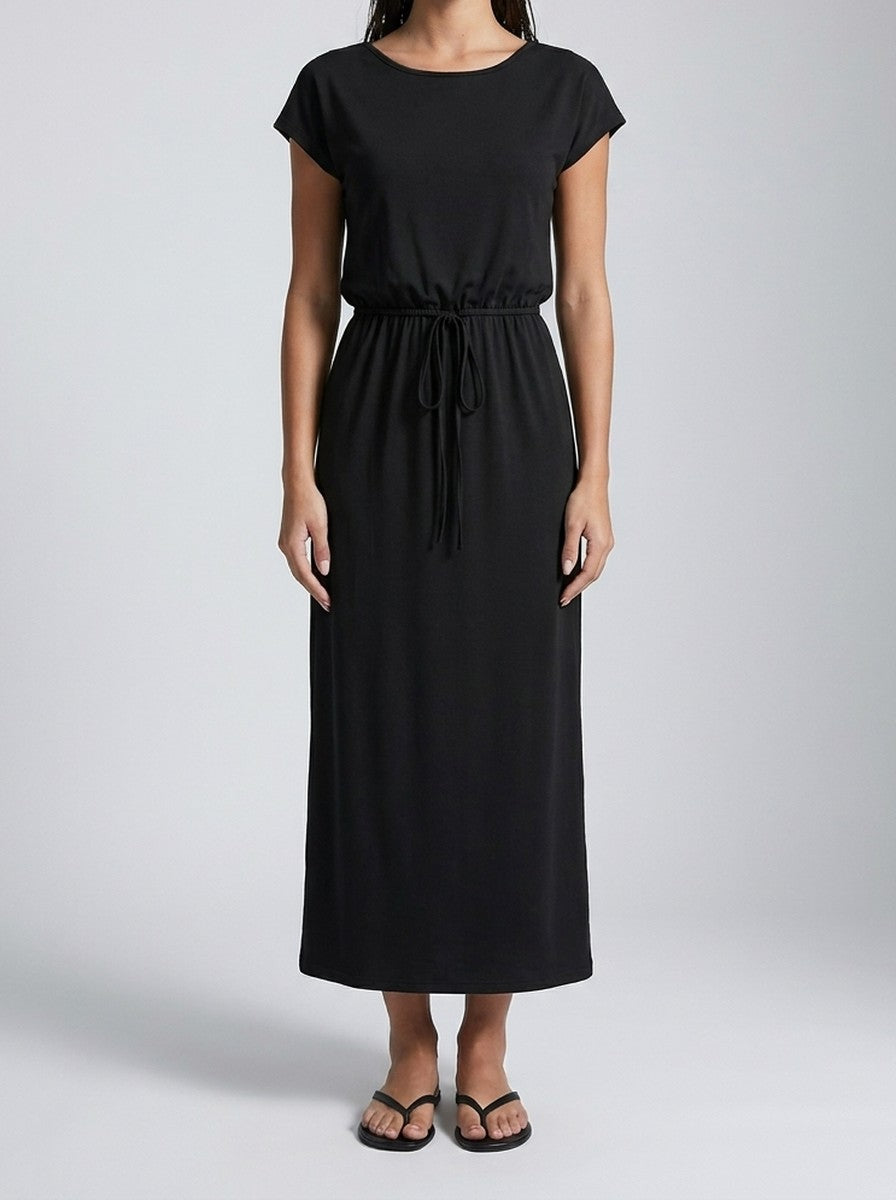 Women's Short Sleeve Midi Dress with Drawstring Waist and Round Neck