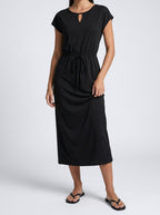 Women's Short Sleeve Midi Dress with Drawstring Waist and Round Neck