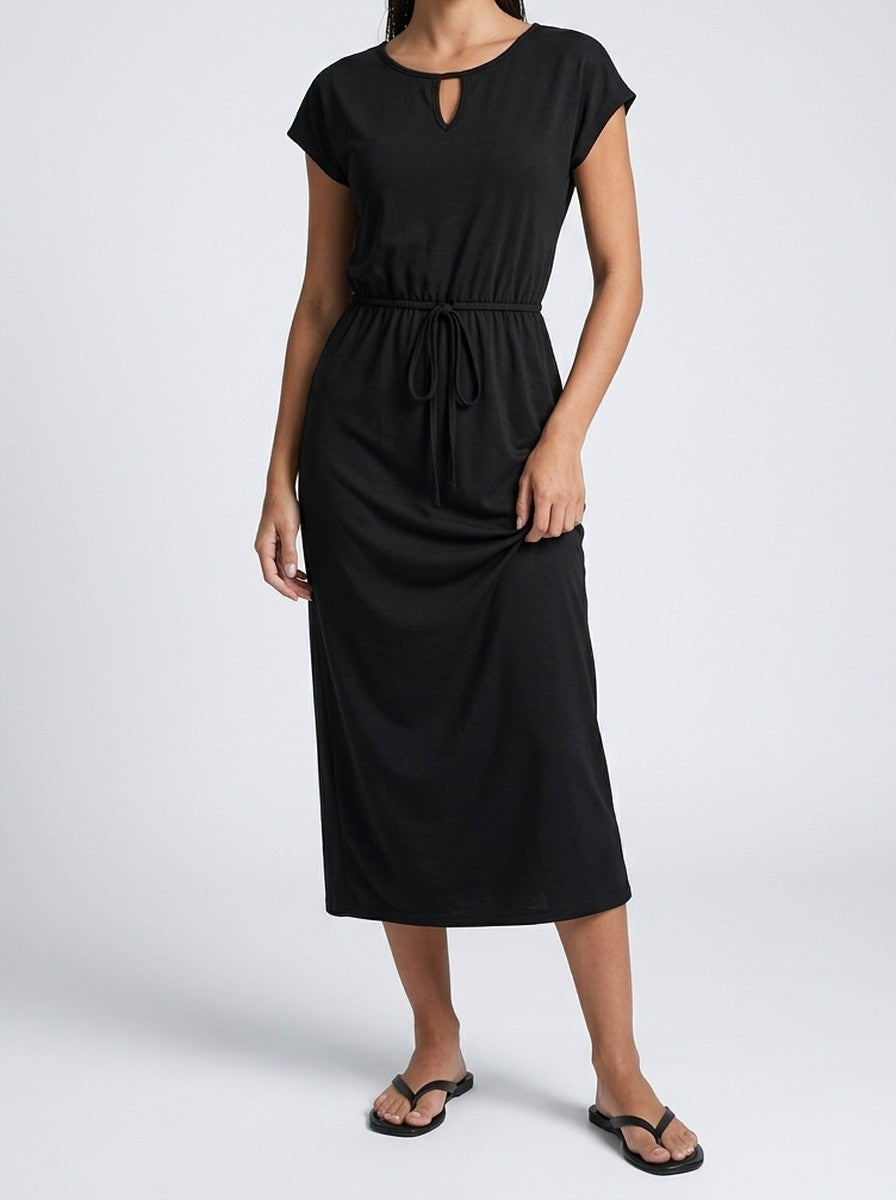 Women's Short Sleeve Midi Dress with Drawstring Waist and Round Neck
