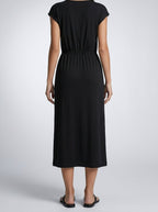 Women's Short Sleeve Midi Dress with Drawstring Waist and Round Neck
