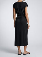 Women's Short Sleeve Midi Dress with Drawstring Waist and Round Neck