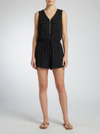 Women's Sleeveless Playsuit with Zip Front and V-Neck