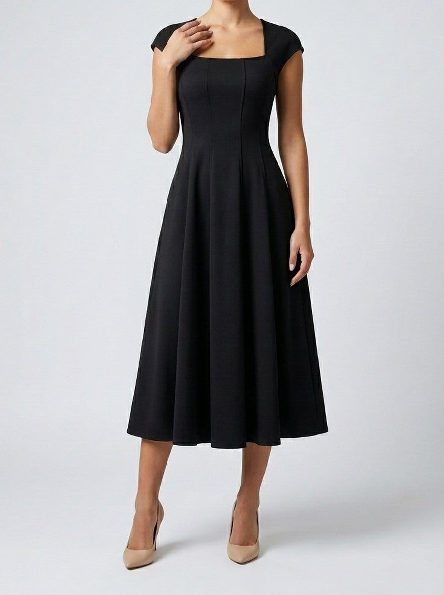 Women's Square Neck Cap Sleeve A-Line Occasion Midi Dress