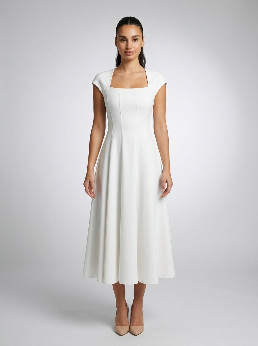 Women's Square Neck Cap Sleeve Midi Dress
