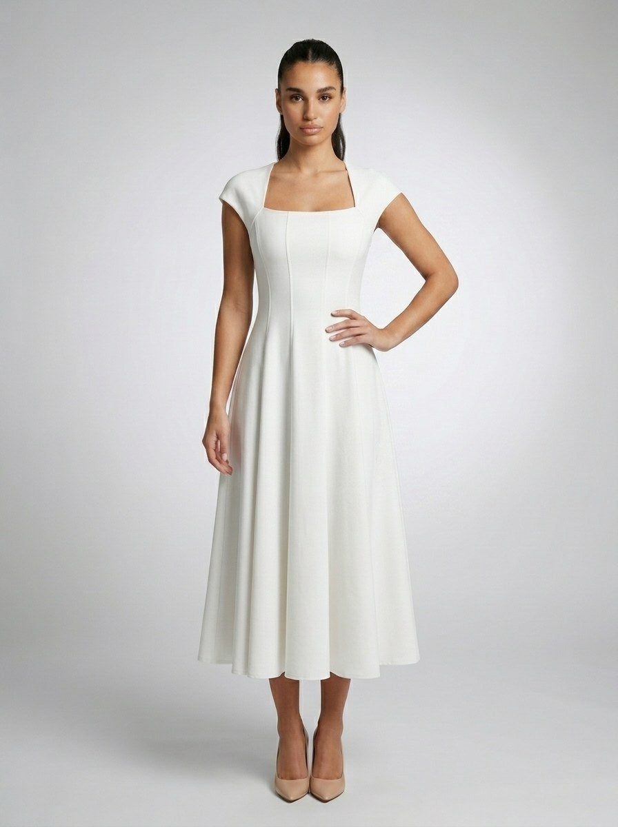 Women's Square Neck Cap Sleeve Midi Dress