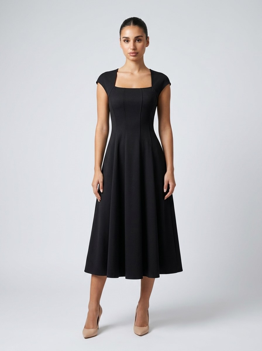 Women's Square Neck Cap Sleeve Midi Dress