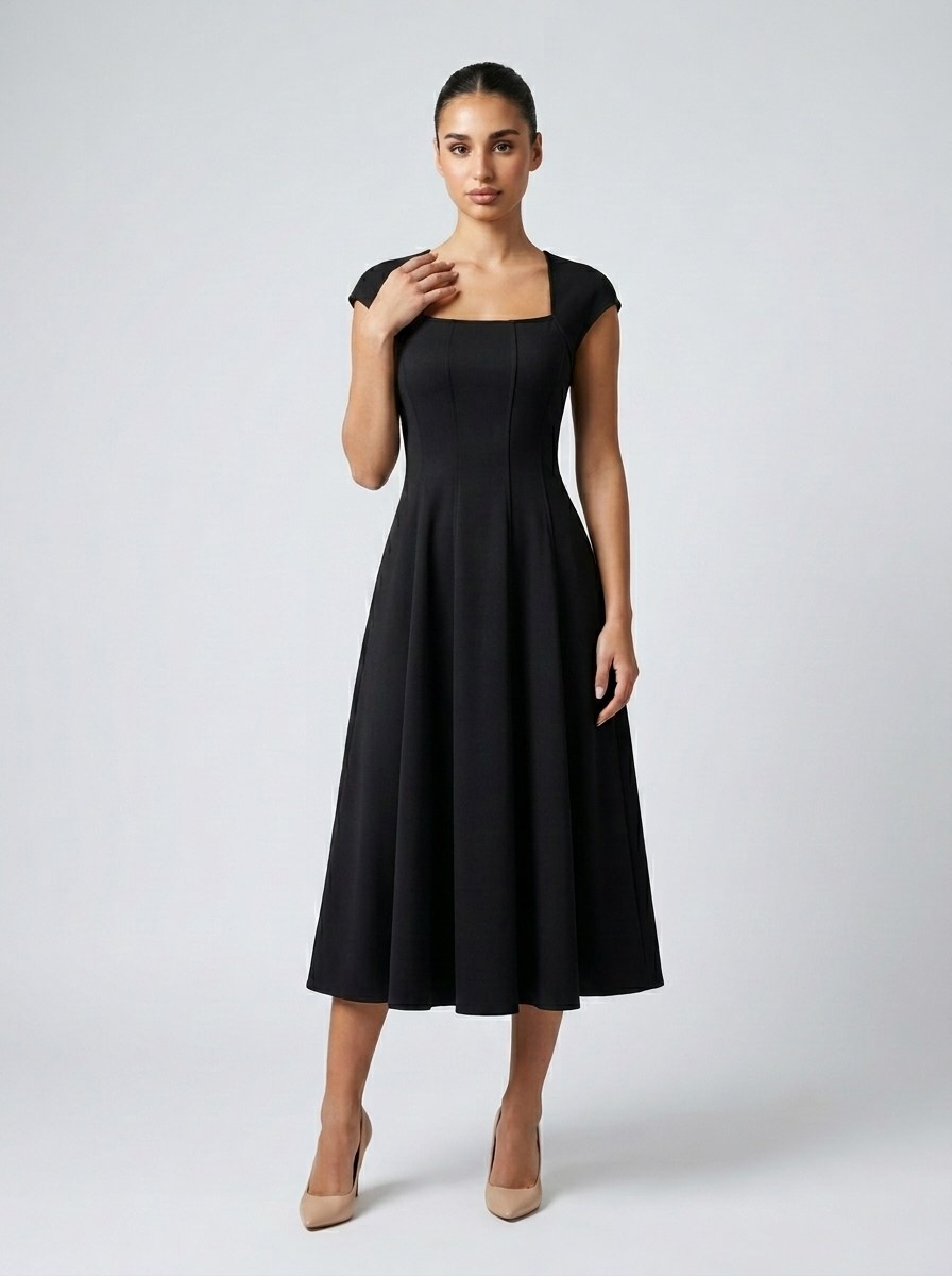 Women's Square Neck Cap Sleeve Midi Dress
