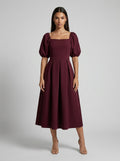 Women's Square Neck Puff Sleeve Pleated Midi Dress