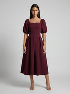 Women's Square Neck Puff Sleeve Pleated Midi Dress