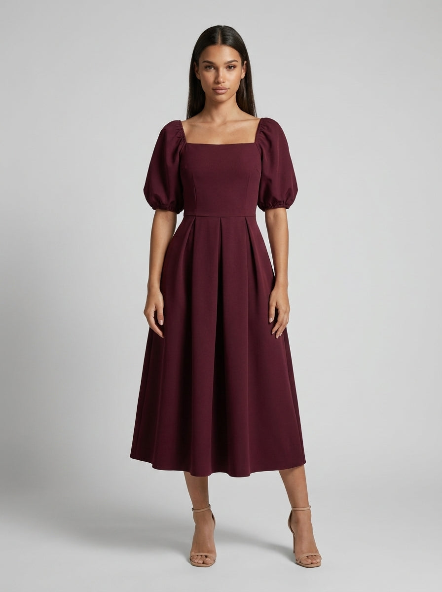 Women's Square Neck Puff Sleeve Pleated Midi Dress