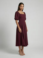 Women's Square Neck Puff Sleeve Pleated Midi Dress