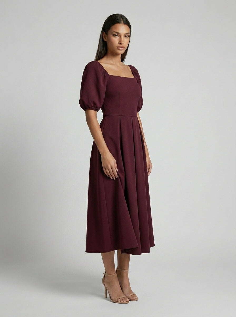 Women's Square Neck Puff Sleeve Pleated Midi Dress