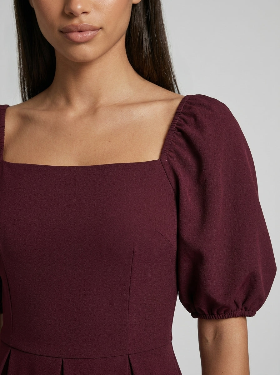 Women's Square Neck Puff Sleeve Pleated Midi Dress