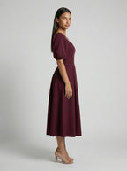Women's Square Neck Puff Sleeve Pleated Midi Dress
