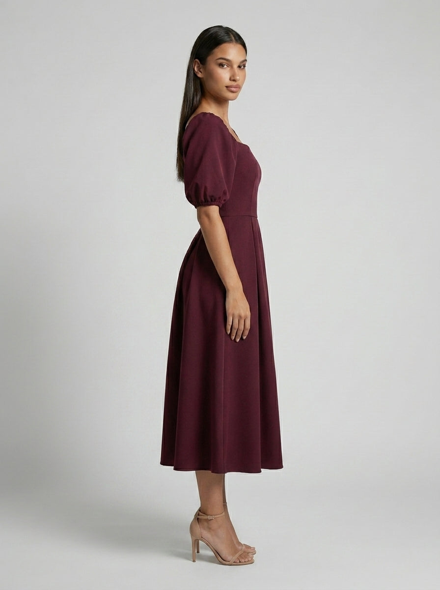 Women's Square Neck Puff Sleeve Pleated Midi Dress