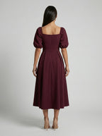 Women's Square Neck Puff Sleeve Pleated Midi Dress