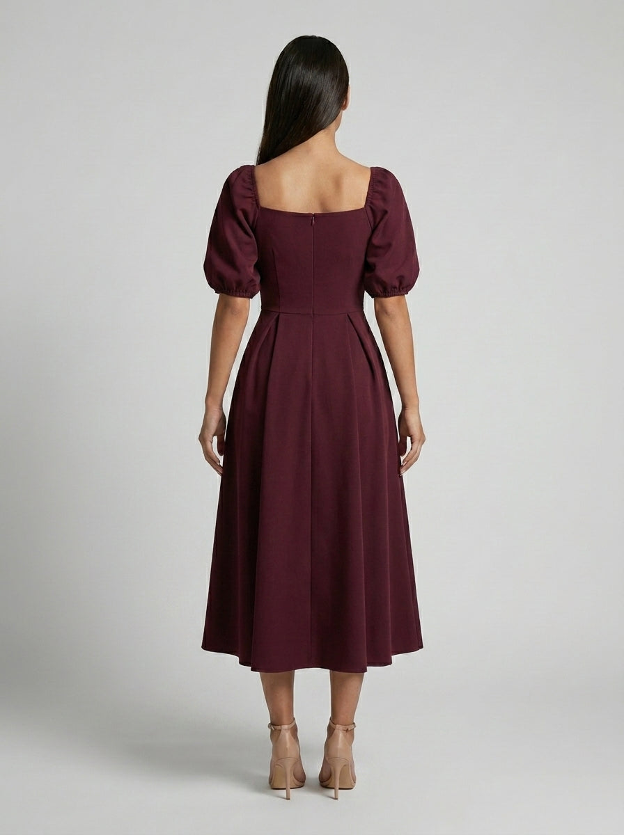 Women's Square Neck Puff Sleeve Pleated Midi Dress