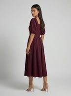 Women's Square Neck Puff Sleeve Pleated Midi Dress