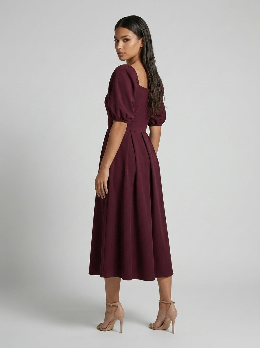 Women's Square Neck Puff Sleeve Pleated Midi Dress