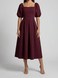 Women's Square Neck Puff Sleeve Pleated Occasion Midi Dress