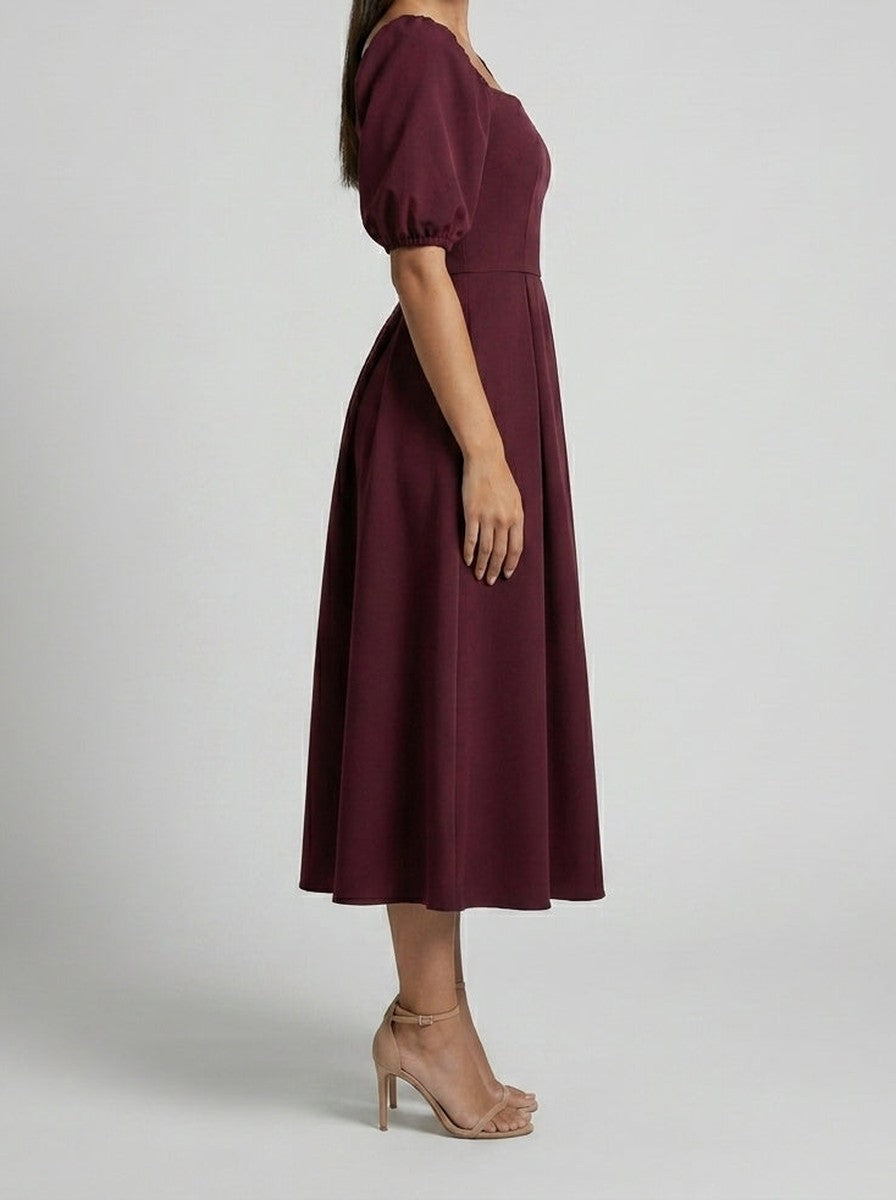 Women's Square Neck Puff Sleeve Pleated Occasion Midi Dress