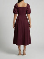 Women's Square Neck Puff Sleeve Pleated Occasion Midi Dress