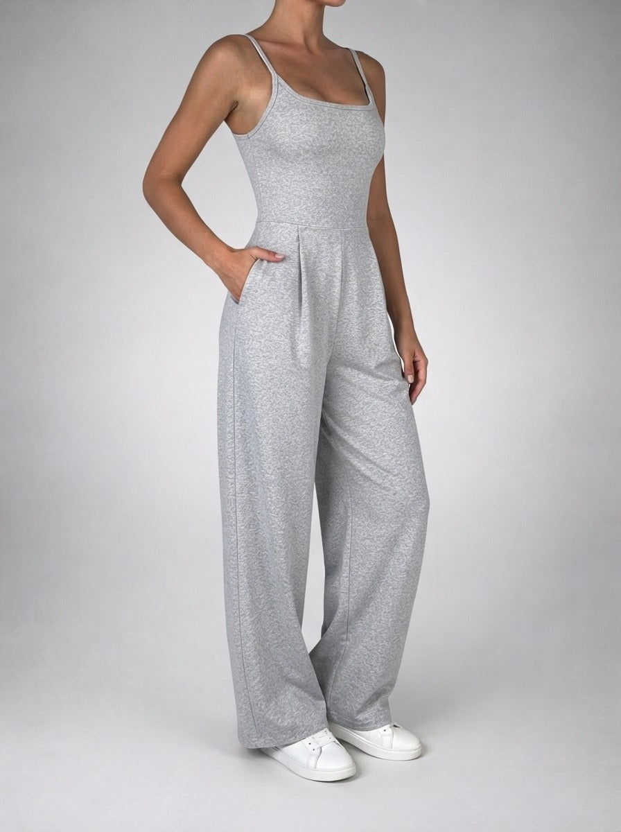 Women's Square Neck Wide Leg Jumpsuit with Pockets